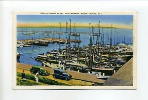 Postal de colección Block Island RI 1937, flota pesquera, puerto antiguo, gente, coches - Imagen 1 de 3