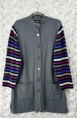 Cárdigan plumero vintage Bob Mackie usable arte gris a rayas talla 1X suéter Foto 1 de 4