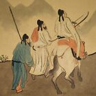Chinese Dynastic Hand Tinted Print Hunters Horse Mountains Bordered 13.5 x 16.25