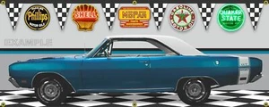 1969 Dodge Dart GTS Blue/White Car (87) Garage Scene 2'X5' 13oz. Vinyl Banner. - Picture 1 of 1