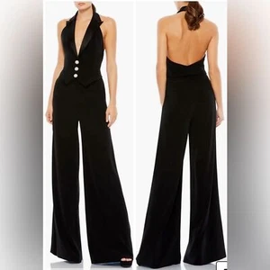 Nuevo sin etiquetas Mono Mac Duggal Negro Esmoquin Halter Pierna Ancha Talla 2 - Imagen 1 de 7
