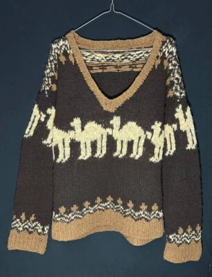 Vintage Hand Knit Wool Sweater Handmade heavy winter sweater jumper camel - Image 1 of 4