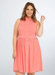 Torrid Button Front Dress Challis Sleeveless Coral Pleated Plus sz 1 1X 14 16 - Picture 1 of 6