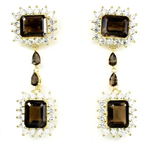 Natural Octagon 10x8mm Top Smoky Quartz &Cz 925 Sterling Silver DANGLE Earrings - Picture 1 of 4