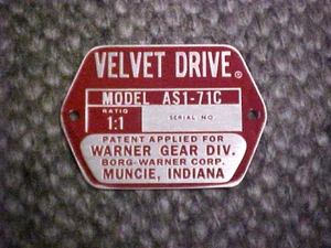 Velvet Drive Warner Gear - Borg-Warner data plate deep acid etched in aluminum - Picture 1 of 1