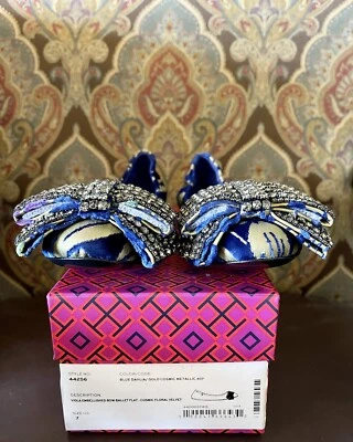 Tory Burch NIB Viola Embellished Bow Ballet Flat-Blue Dahlia/Gold Cosmic Size 7 - Image 1 of 4
