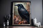 Gothic Crow With Flowers Vintage, Halloween Decor, Dark Academia Gothic Print