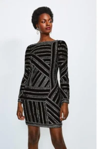 Karen Millen black velvet sequinned mini dress size 16 - Picture 1 of 10