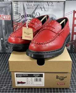 NEW SUPREME x DR.MARTENS MENS Size 11 STUDDED PENTON POPPY RED SMOOTH LOAFER - Picture 1 of 12