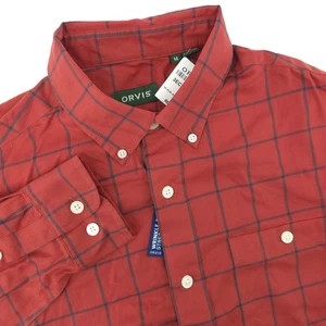 New Orvis Shirt Mens Medium Red Windowpane Wrinkle Free Stretch Long Sleeve  - Picture 1 of 9