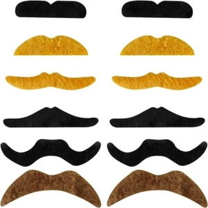 12 Fake Moustache 70's Stick On Self Adhesive Tash Party Fancy Dress Black Hair - Picture 1 of 8
