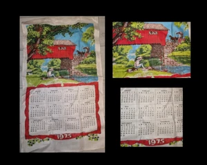 Vintage 1975 Cloth Material Calendar - Red Barn Boy Fishing With Dog - Picture 1 of 5