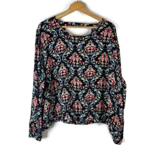 Ann Taylor LOFT Womens Blouse Top Size 24 Blue Floral Back Cutout Long Sleeve - Picture 1 of 10
