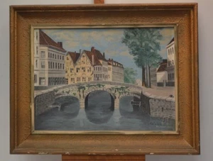 ANTIGUO CUADRO CIUDAD DE LIEJA EN LA MADERA PASO TELA MARCO PINTURA FIRMADO ÓLEO - Imagen 1 de 7