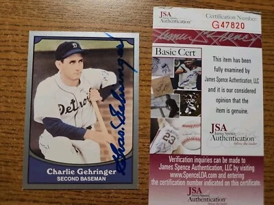 1990 PACIFIC BASEBALL LEGENDS CHARLIE GEHRINGER AUTO JSA - Image 1 of 2