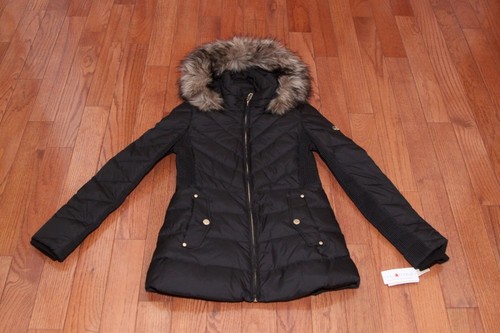Piumino trapuntato donna Michael Kors nuovo con etichette bordo pelliccia Chevron giacca nero XS