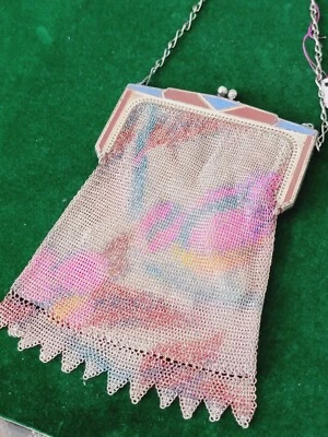 Cartera Art Deco Whiting And Davis Esmalte Malla Metal Bolso 1920’s Rosa, Verde, Azul Foto 1 de 4