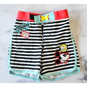 Disney Boys Mickey Mouse Swim Trunks 4 Black White Striped Board Shorts Patches - Picture 1 of 10