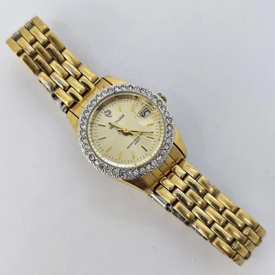 Relógio feminino Waltham pulseira mostrador dourado 25 mm moldura de diamante data 6,5" bateria nova - Imagem 1 de 4