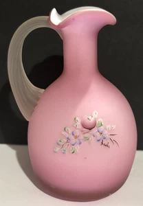 Fenton Pink Satin Glass Pitcher Cruet Vase Frosted Handle floral design signed - Picture 1 of 10