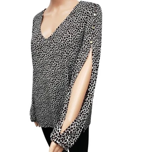 NWT $98 MICHAEL KORS Arm Slit Animal Print Top Blouse Women L V-Neck Ruby Black - Picture 1 of 12