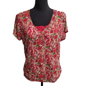 Craazy Horse Liz Claiborne Top (XL) Multicolor Floral Short-Sleeve V-Neck Lace - Picture 1 of 7