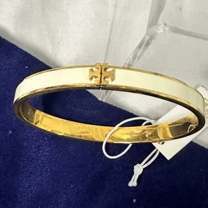 Tory Burch Leather Inlay Kira Logo Hinged slim Bracelet Gold/Ivory - Picture 1 of 5