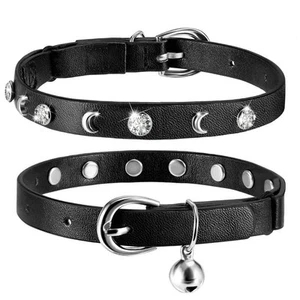 Leather Cat Collars Bell,Cats Safety Collar with Elastic Strap, Adjustable Ki... - Picture 1 of 7