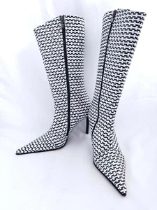 Le Silla Black And White Woven Houndstooth Stiletto Boots 37 Italy - Picture 1 of 11