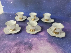 VTG Set of 6 Japanese Flower-Leaf-Shaped Espresso Cup & Saucer White & Gold - Picture 1 of 6