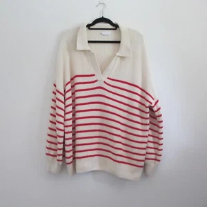 GRAB Women Over Sized Jumper Size XL/16-18 Red White Stripe Knit Collared cotton - Picture 1 of 14