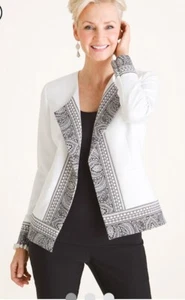 NWT Chico's Printed Border Open Jacket Black White Alabaster size 3 (16/18) - Picture 1 of 13