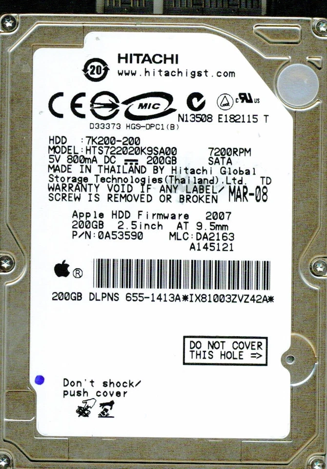 HITACHI SATA 200GB HTS722020K9SA00 P/N: 0A53590 MLC: DA2163 - Image 1 of 1