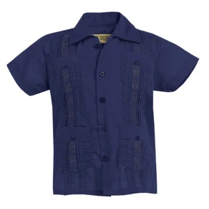 Navy Blue Platoon Kids Toddlers Boys Guayabera Short Sleeve Cuban Shirt Wedding - Picture 1 of 1