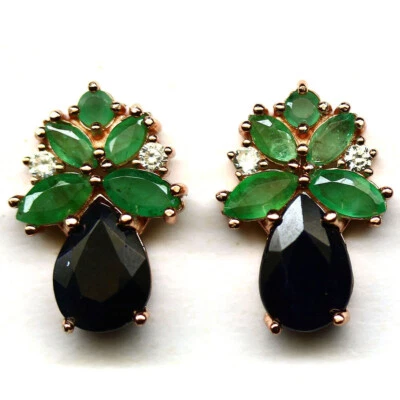 Wunderschöne natürliche Saphir und Smaragde Ohrringe Rose Gold Plated - Bild 1 von 3