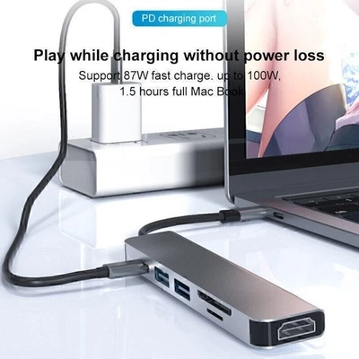 6 In 1 USB Type-C Hub with 4K HDMI Multi Card Reader USB 3.0 TF PD Video Adapter - Image 1 of 4