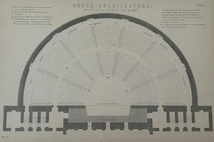 Antiker Druck um 1870 • Plan Griechisches Theater • Viktorianische Architektur Gravur - Bild 1 von 12