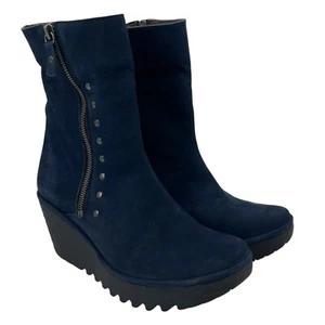 FLY LONDON Yemi Ankle Boots Blue Suede Zip Platform Leather Studs EU 40 US 9-9.5 - Picture 1 of 14