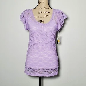 Iz Byer Purple Floral Lace Short Flutter Sleeve Top Nwt Defect Size Juniors... - Picture 1 of 7