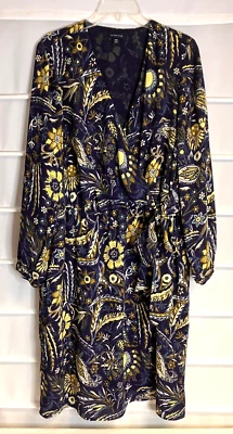 Lands' End 蓝色黄色花卉印花弹性腰 LS 内衬连衣裙 18W EC 码! — 第 1/4 张图片