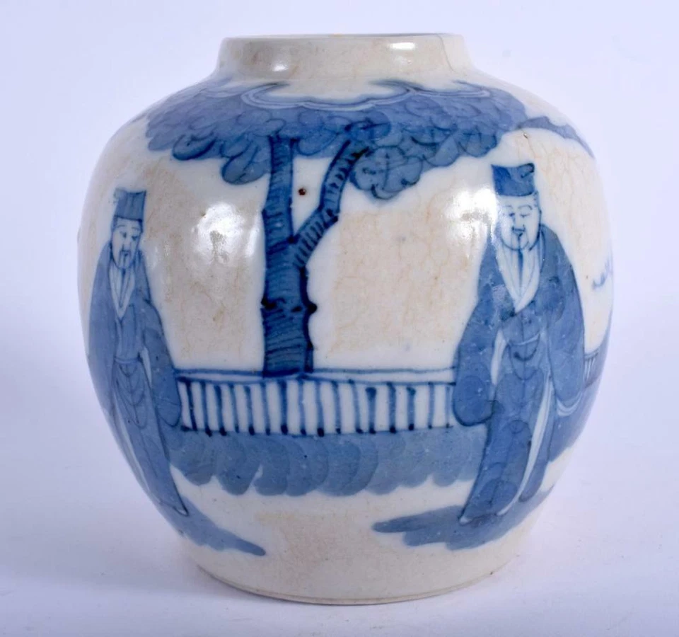 A 19TH CENTURY CHINESE BLUE AND WHITE PORCELAIN JAR painted with gentlemen - Image 1 of 4