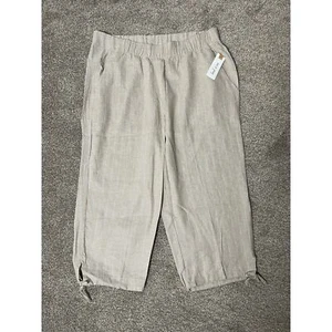 NWT Land'n Sea Linen Coastal Beachy Elastic Waist Pocket Striped Capri Cream L - Picture 1 of 10