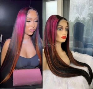 Long Straight Human Hair Lace Front Wigs Colorful Black Rose Pink Orange Mixed - Picture 1 of 4