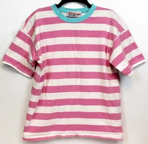 VTG 80s Boscali Pink Stripe TShirt Womens Medium Teal Crewneck Classic Preppy - Picture 1 of 10