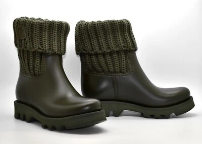 I0 NUEVO MONCLER Ginette Tejido Cuello Enrollado Logo Parche Botas de Lluvia Talla 35 $475 Foto 1 de 4