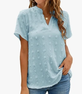 AUSELILY Women's Blouse Chiffon V-Neck Casual Polka Dots Sky Blue Size 2XL ~ - Picture 1 of 3