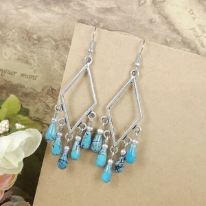 Turquoise Beads Tassels Drop Earrings for Women Vintage Boho Ethnic Jewelry Gift - Picture 1 of 17