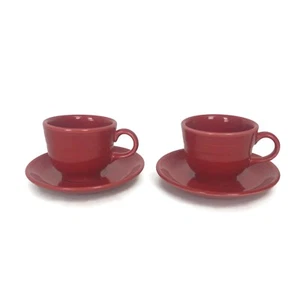 Fiesta Pottery Cups & Saucers Scarlet Red Glaze Coffee Tea 2 Sets Contemporary - Picture 1 of 5
