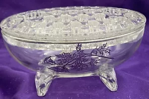 Viking Glass SCROLL FORM Flanders Silver Overlay Oval Bowl Flower Frog - Picture 1 of 24