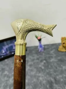 Wooden Walking Stick Vintage Antique Style Brass Victorian Fish Handle Cane Gift - Picture 1 of 7